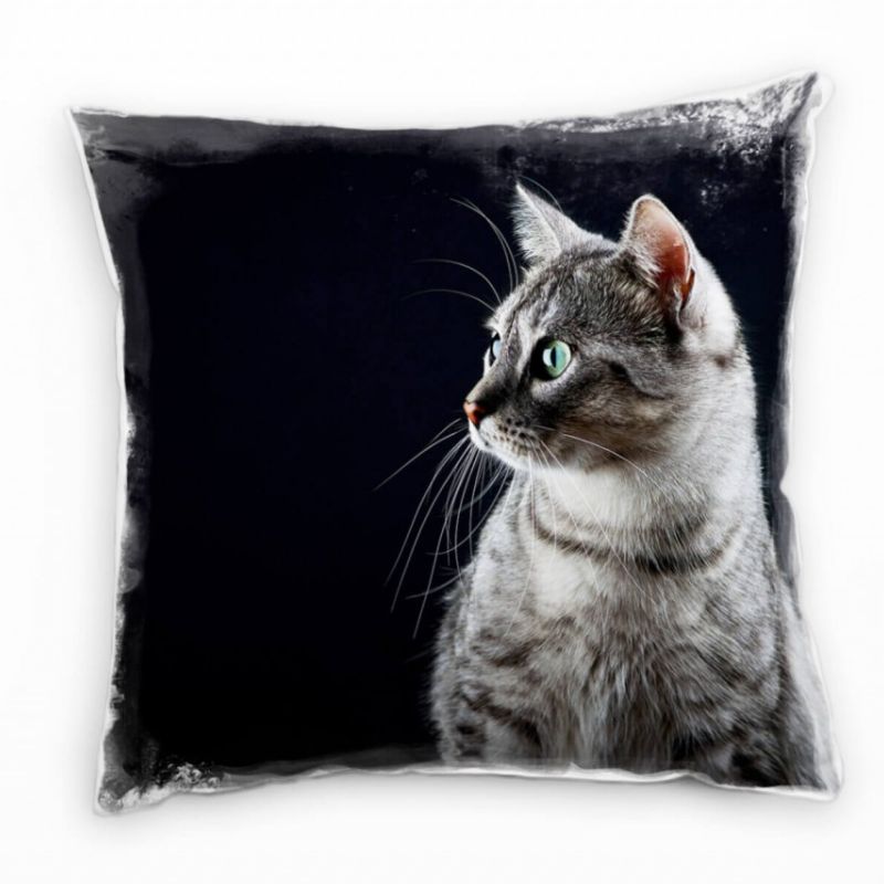 Tiere, Katze  von der Seite, grau, schwarz Deko Kissen 40x40cm für Couch Sofa Lounge Zierkissen