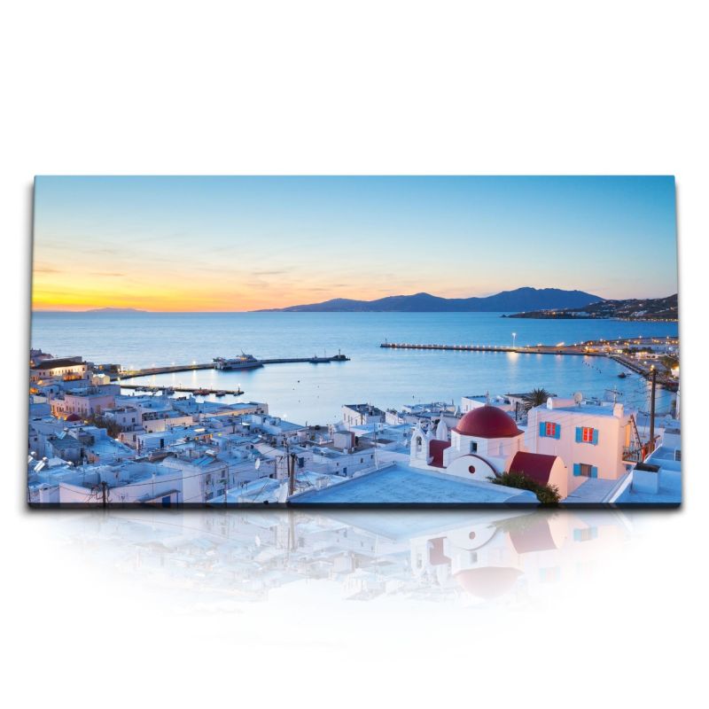 Kunstdruck Bilder 120x60cm Mykonos Insel Griechenland Meer Sonnenuntergang weiße Häuser