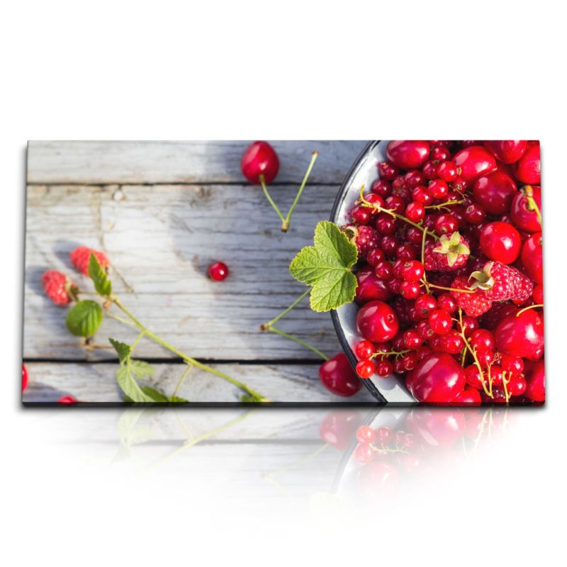 Kunstdruck Bilder 120x60cm Rote Früchte Himbeeren Kirschen Holz Schüssel