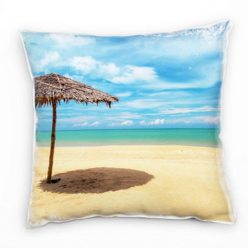 Strand und Meer, beige, türkis, Sonnenschirm, Thailand Deko Kissen 40x40cm für Couch Sofa Lounge Zie