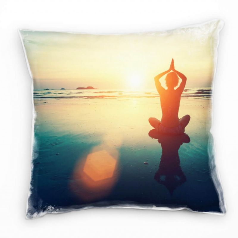 Strand und Meer, Sonnenuntergang, Yoga, gelb Deko Kissen 40x40cm für Couch Sofa Lounge Zierkissen