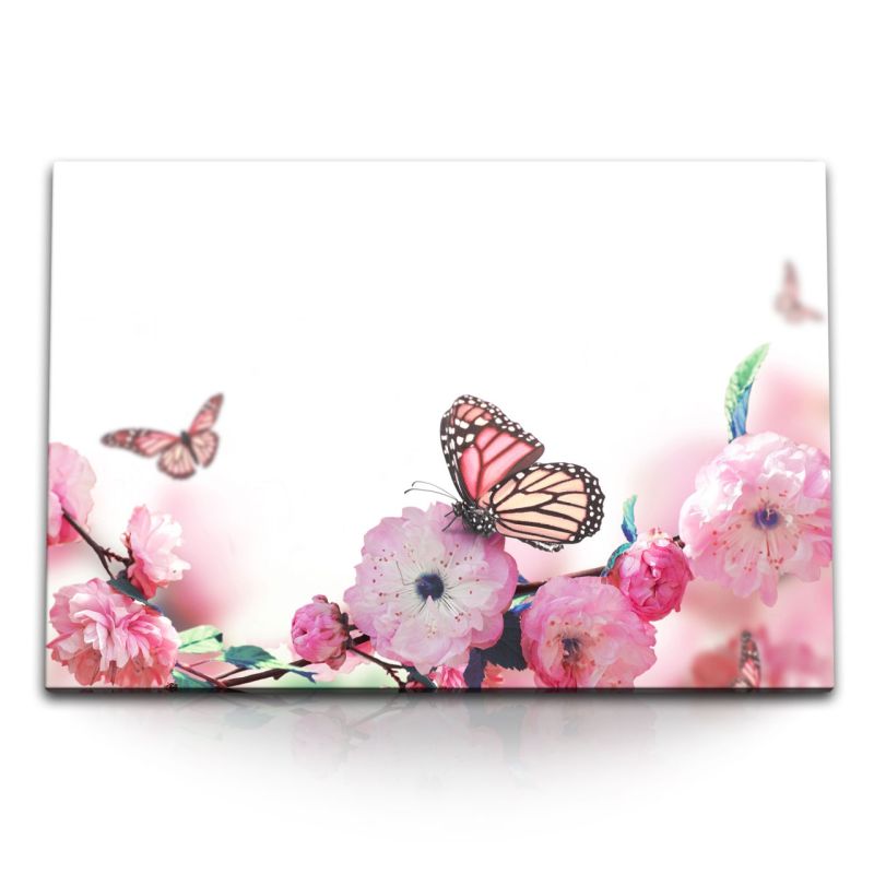 120x80cm Wandbild auf Leinwand Blumen Schmetterlinge Rosa Pink Frühling Blüten