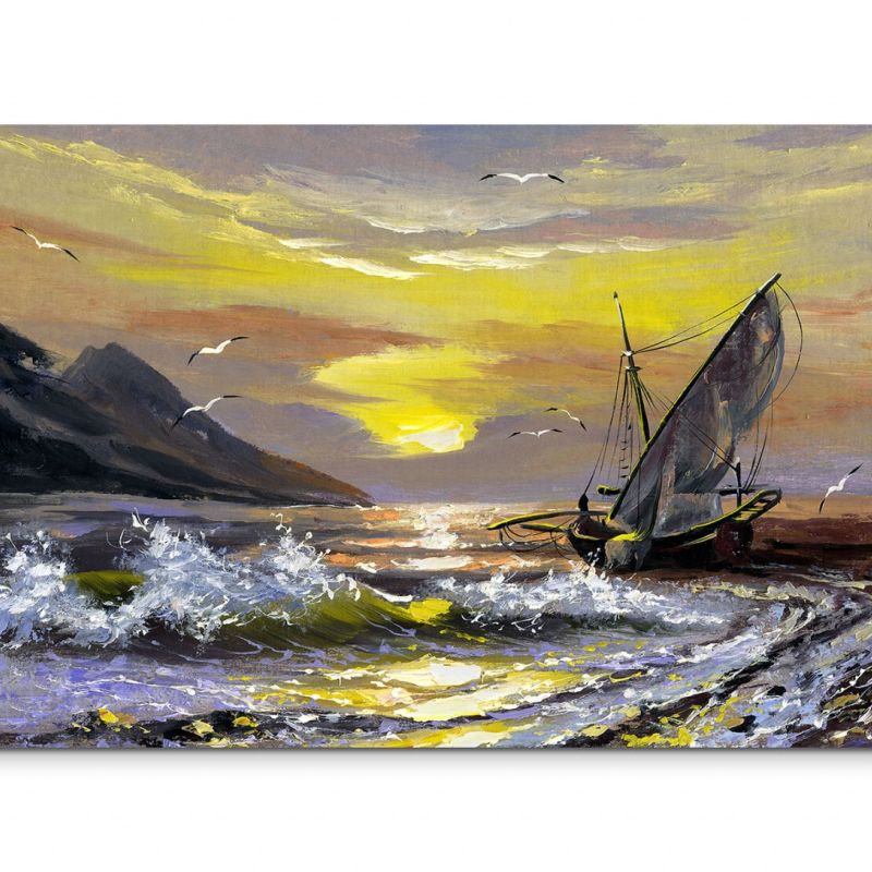 120x80cm Wandbild Meer Berge Segelboot Sonnenuntergang