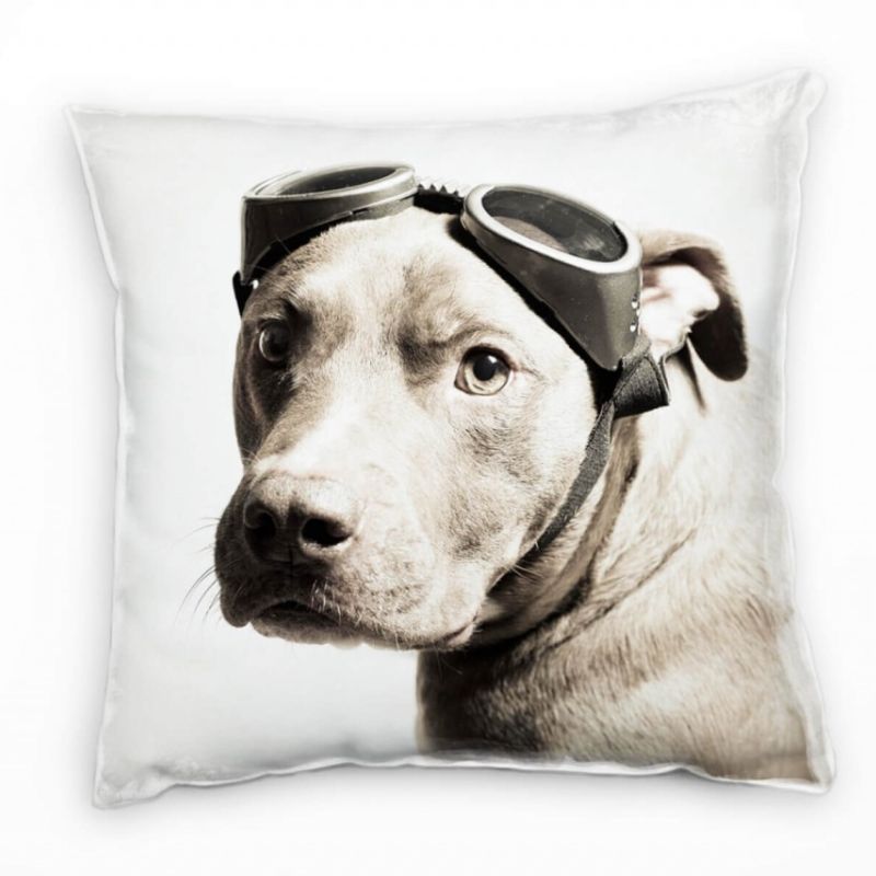 Tiere, Hund, Pitbull mit Flugbrille, beige Deko Kissen 40x40cm für Couch Sofa Lounge Zierkissen