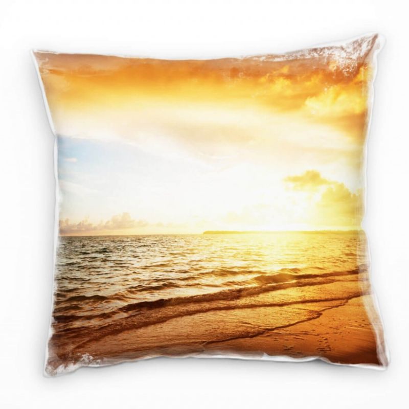 Strand und Meer, blau, orange, Sonnenuntergang Deko Kissen 40x40cm für Couch Sofa Lounge Zierkissen