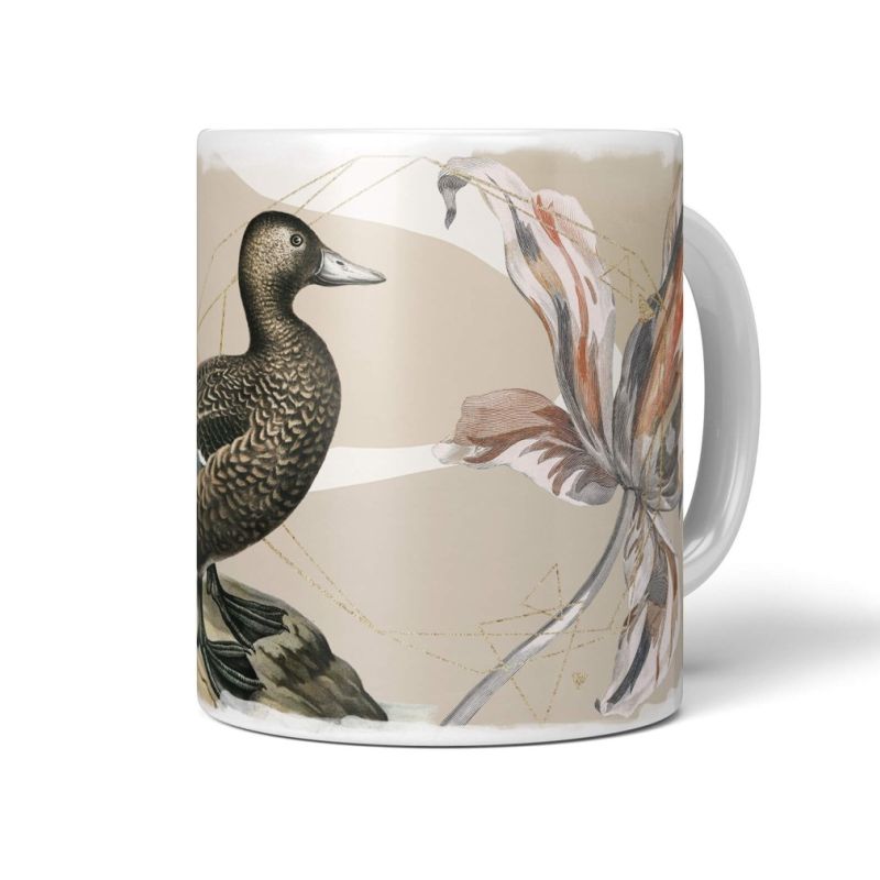 Dekorative Tasse mit schönem Vogel Motiv Ente Blumen Blüten Kunstvoll Einzigartig