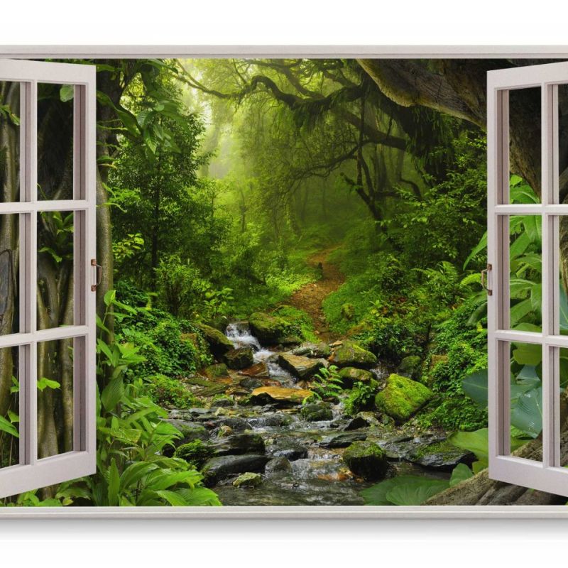 Wandbild 120x80cm Fensterbild Wald Bach Grün Natur Fluss Bäume