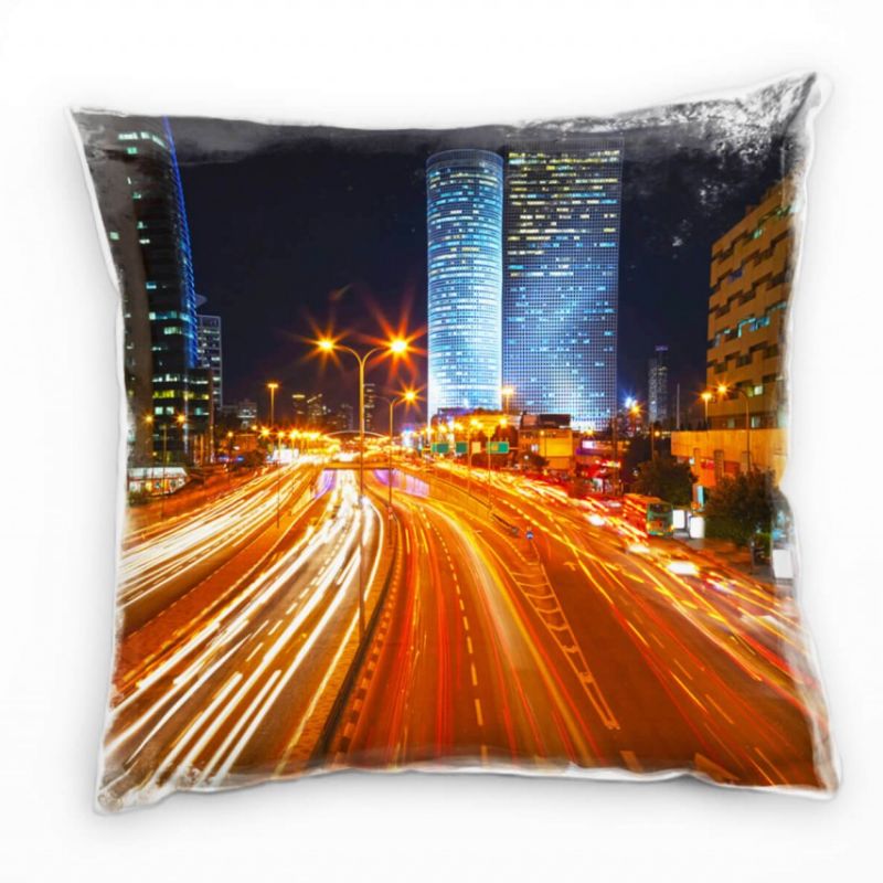 City, rot, blau, Lichtlinien, Hochhäuser, Nacht Deko Kissen 40x40cm für Couch Sofa Lounge Zierkissen