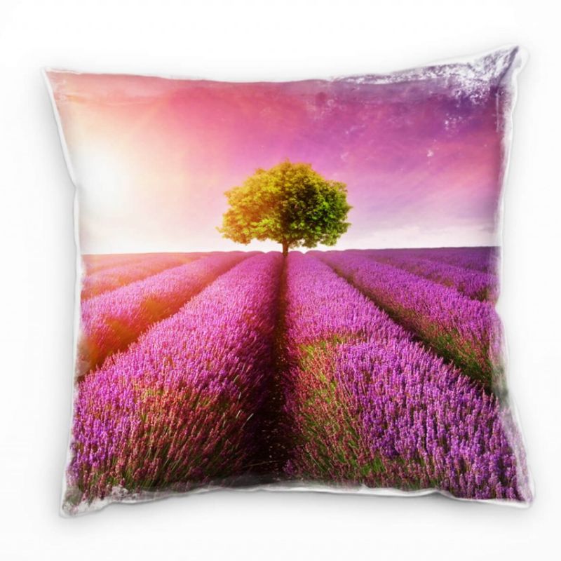 Blumen, lila, rosa, Lavendelfeld, ein Baum, Sonne Deko Kissen 40x40cm für Couch Sofa Lounge Zierkiss