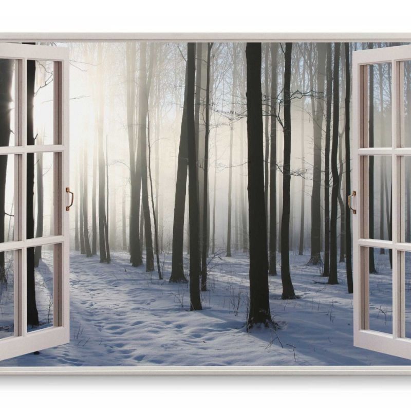 Wandbild 120x80cm Fensterbild Winterlandschaft Wald Winter Schnee Bäume