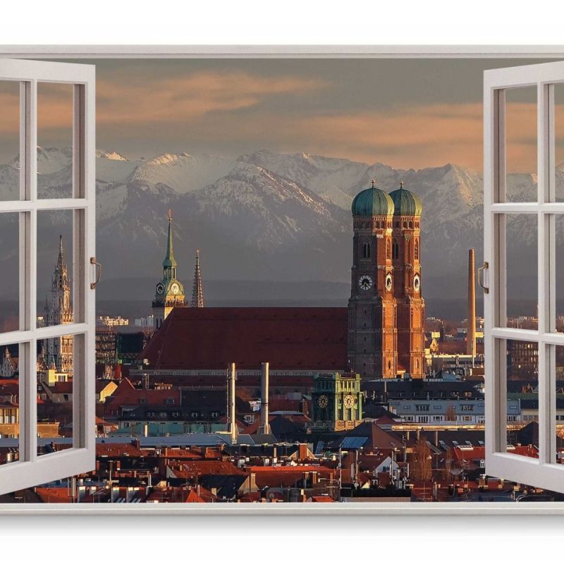 Wandbild 120x80cm Fensterbild München Frauenkirche Alpen Berge Historisch