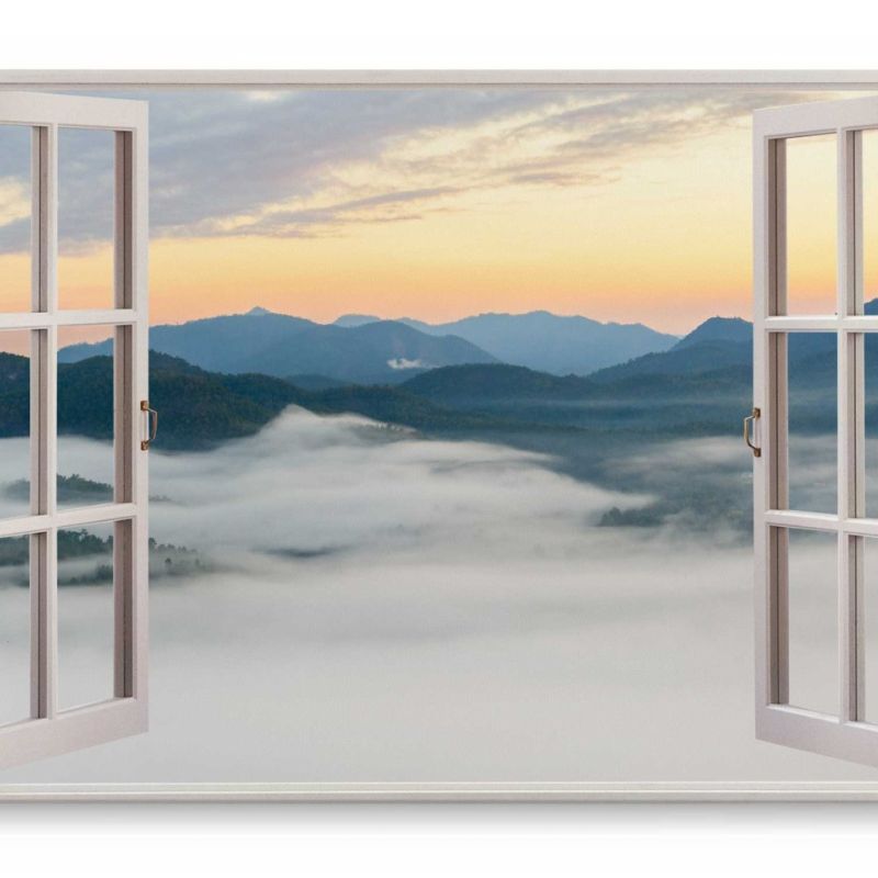 Wandbild 120x80cm Fensterbild Berge Nebel Natur Sonnenuntergang Abendrot