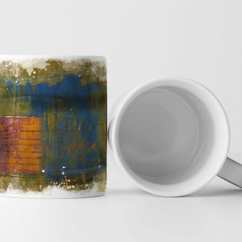 Tasse Geschenk olivgrüner Hintergrund; blaue, orangene Abstraktionen