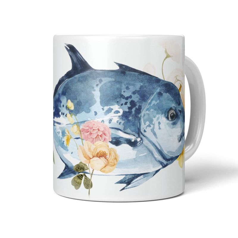 Dekorative Tasse mit schönem Motiv Thunfisch Fisch Blumen Blüten Vintage Design