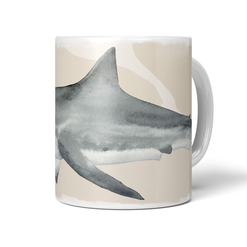 Dekorative Tasse mit schönem Motiv weißer Hai Wasserfarben Aquarell Pastellton Kunstvoll