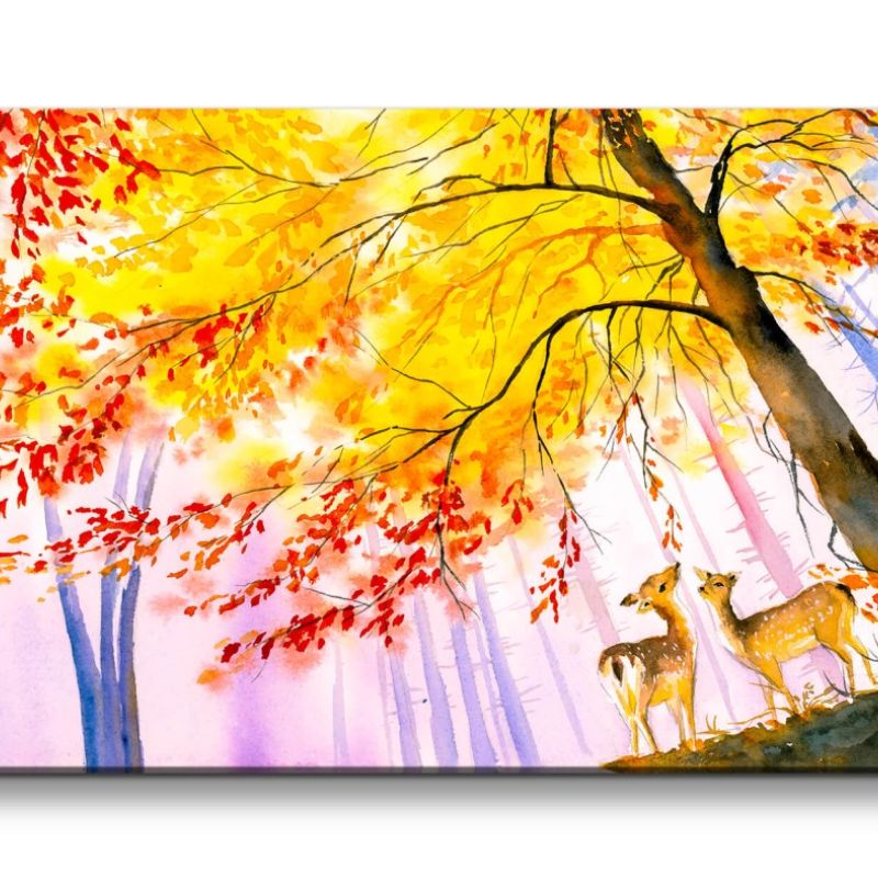 Leinwandbild 120x60cm Zwei Rehe in der Natur Bäume Malerisch Zauberhaft Märchenhaft