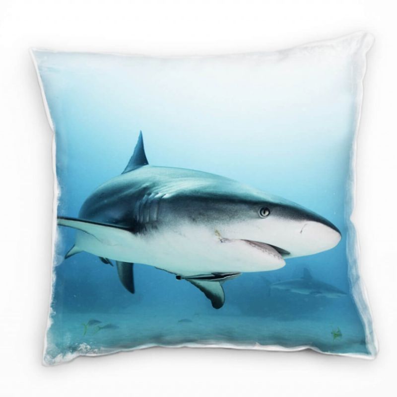 Tiere, blau, weiß, Hai, Unterwasser Deko Kissen 40x40cm für Couch Sofa Lounge Zierkissen