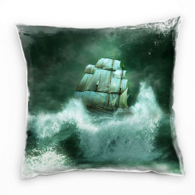 Meer, grün, grau, weiß, Segelschiff auf großer Welle Deko Kissen 40x40cm für Couch Sofa Lounge Zierk