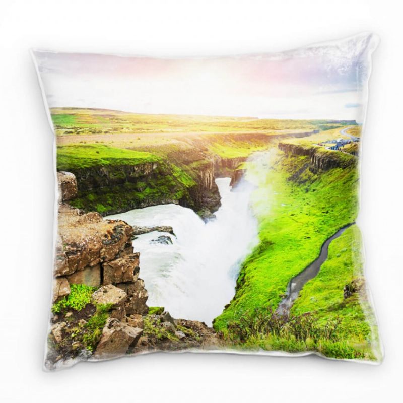 Natur, Wasserfall, Island, grün, braun Deko Kissen 40x40cm für Couch Sofa Lounge Zierkissen