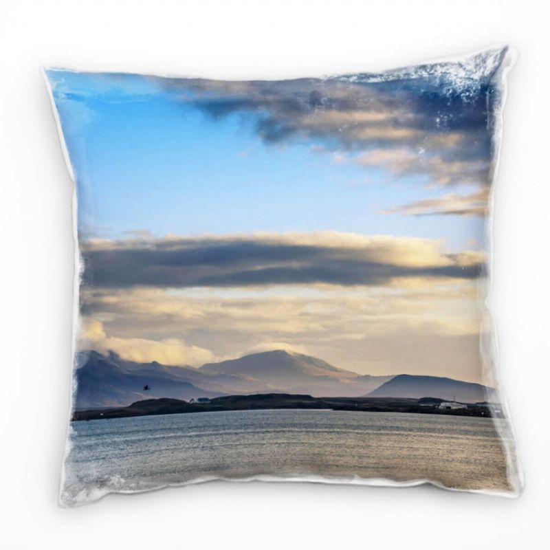 Landschaft, Fjord, Island, Sonnenuntergang, beige Deko Kissen 40x40cm für Couch Sofa Lounge Zierkiss