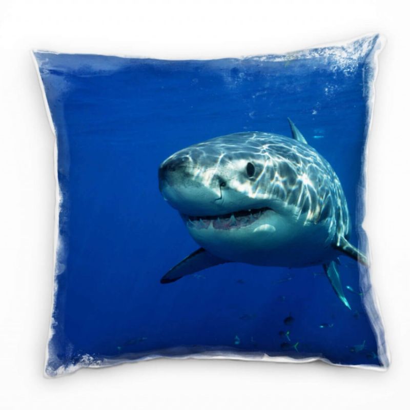 Tiere, blau, grau, weißer Hai, Unterwasser Deko Kissen 40x40cm für Couch Sofa Lounge Zierkissen