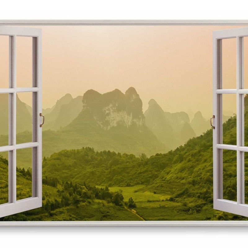 Wandbild 120x80cm Fensterbild Vietnam Landschaft Tal Grün Berge Tropisch