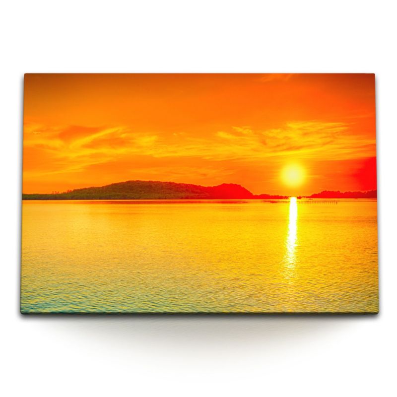 120x80cm Wandbild auf Leinwand Roter Himmel Abendrot Sonnenuntergang Meer