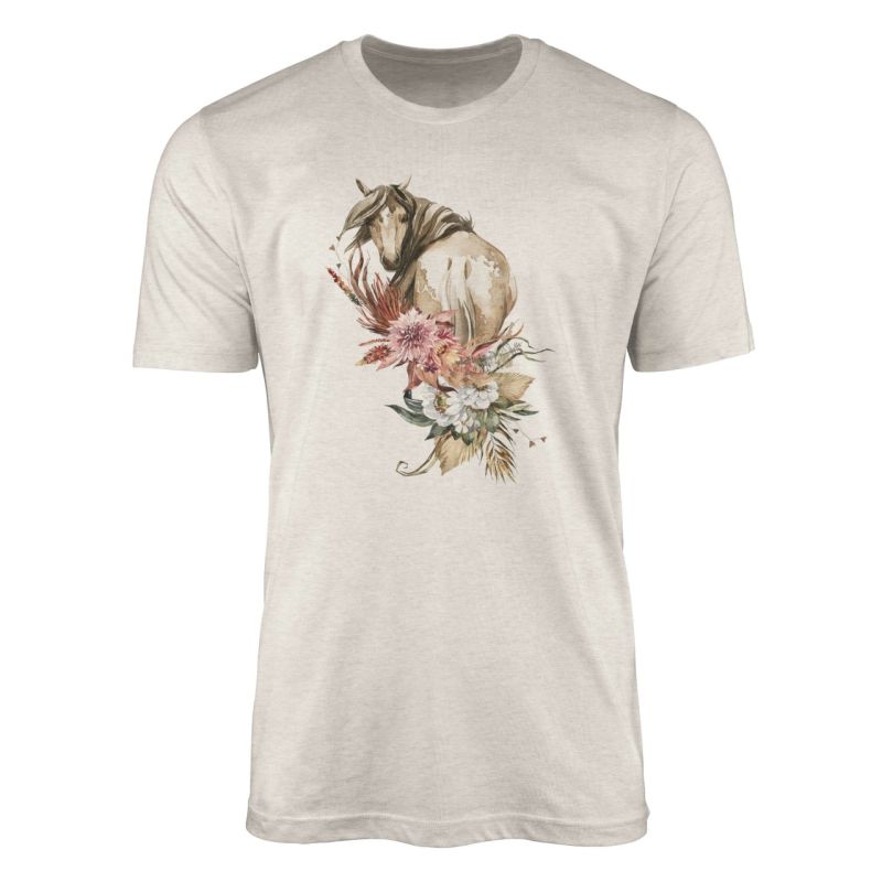 Herren Shirt 100% gekämmte Bio-Baumwolle T-Shirt  Aquarell Pferd Blumen Motiv Nachhaltig Ökomode aus