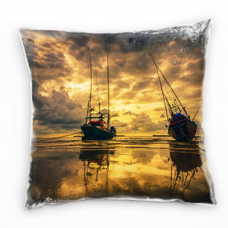 Strand und Meer, Sonnenuntergang, Schiffe Deko Kissen 40x40cm für Couch Sofa Lounge Zierkissen