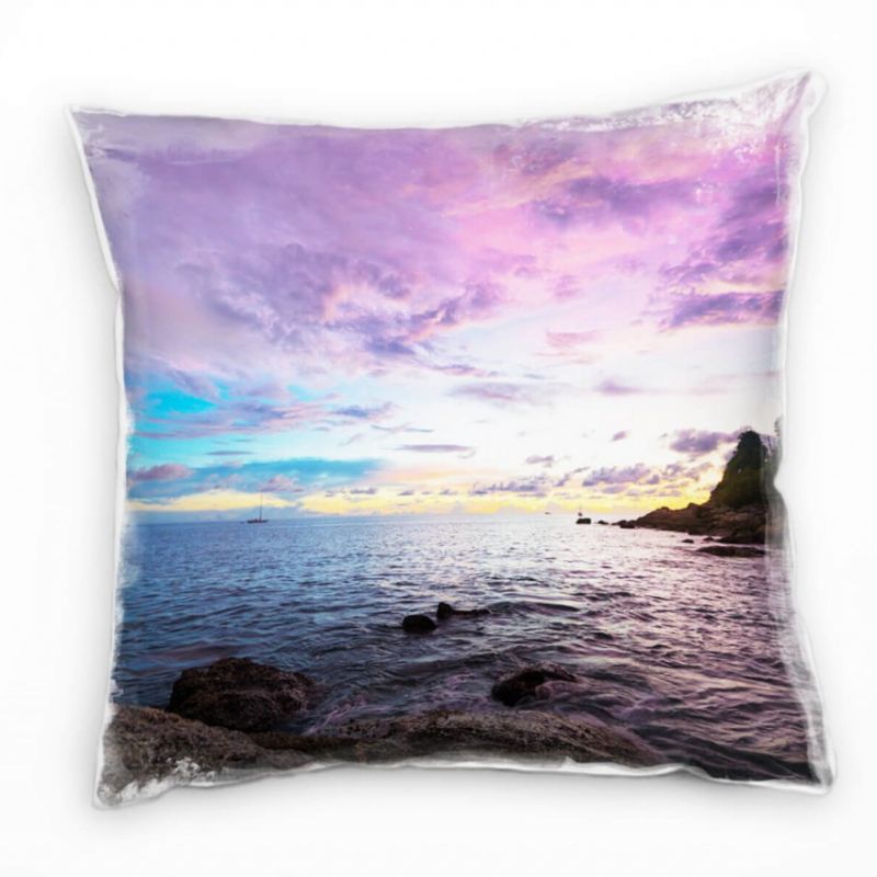 Meer, Sonnenuntergang, Wald, Steine, bunt Deko Kissen 40x40cm für Couch Sofa Lounge Zierkissen