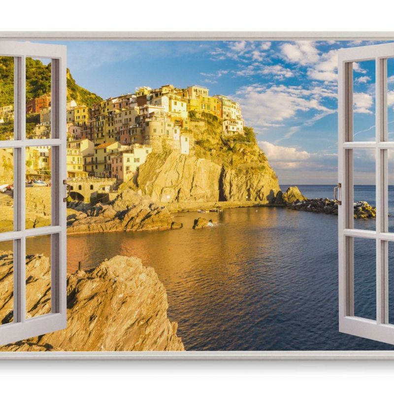 Wandbild 120x80cm Fensterbild Italienische Küstenstadt Meer Mittelmeer Felsen