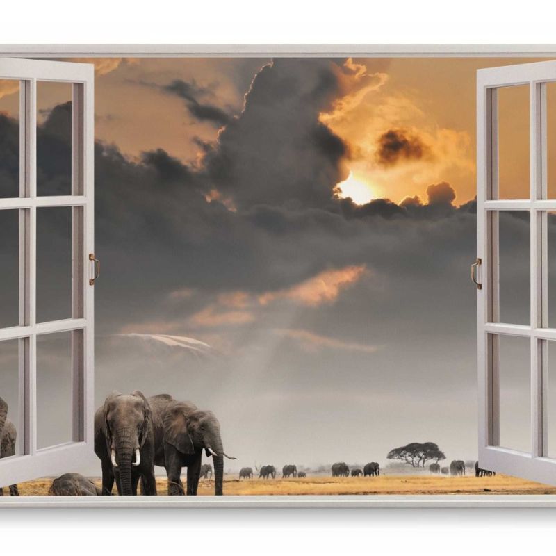 Wandbild 120x80cm Fensterbild Afrika Wildnis Elefanten Natur Himmel