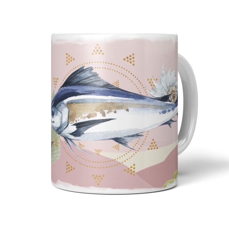 Dekorative Tasse mit schönem Motiv Schwertfisch Blumen Wasserfarben Kunstvoll