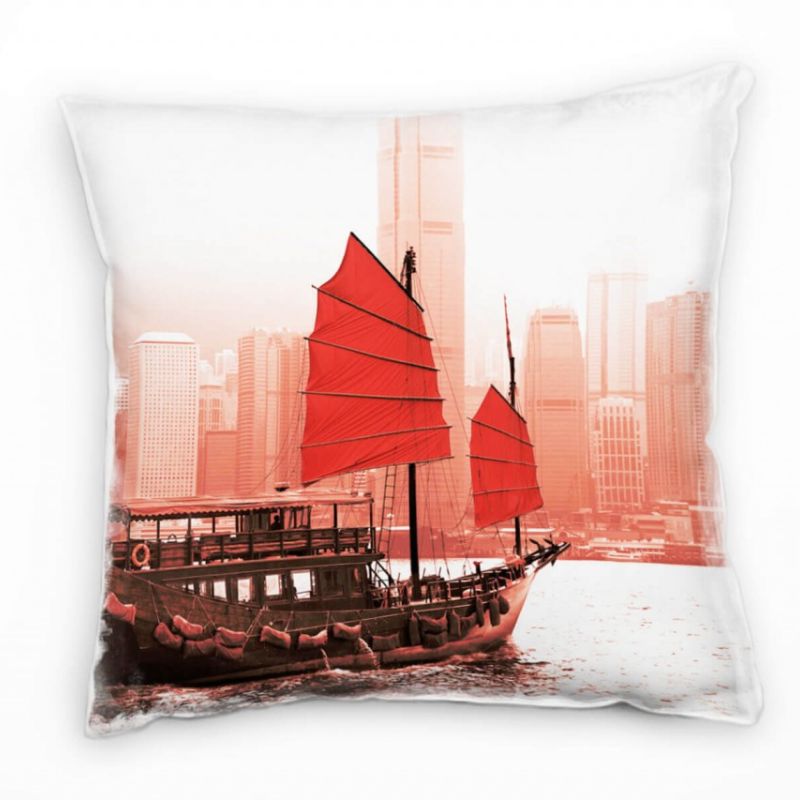 Urban und City, rot, braun, Segelschiff, Hongkong Deko Kissen 40x40cm für Couch Sofa Lounge Zierkiss