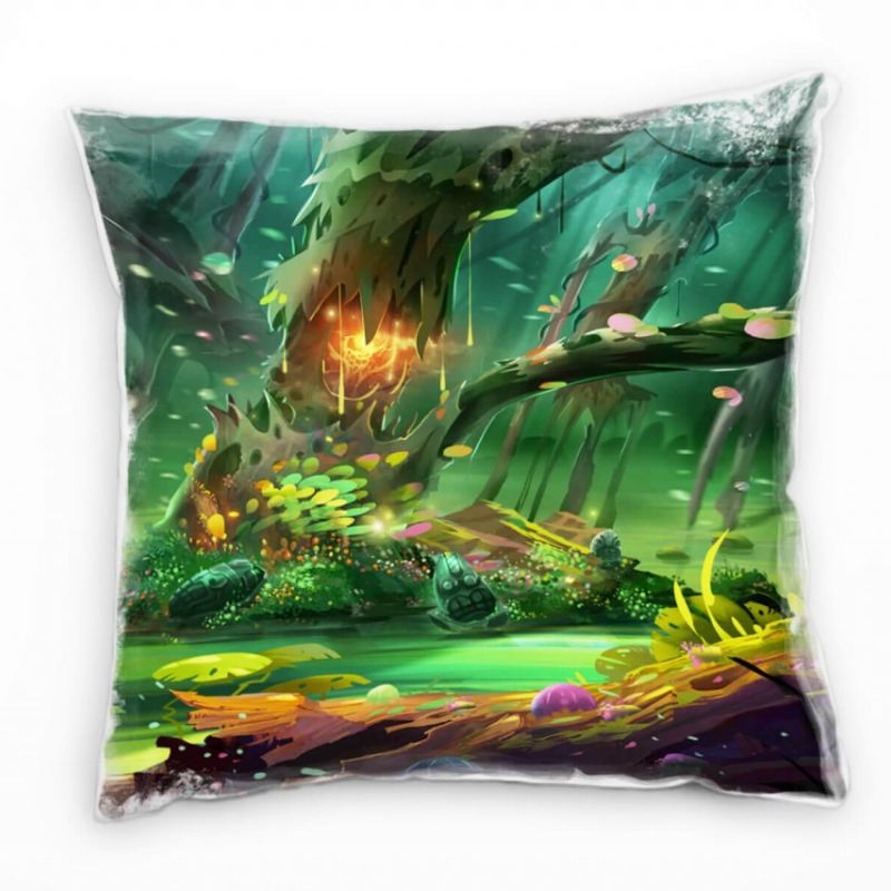 Illustration, Fantasie, Wald, grün, orange Deko Kissen 40x40cm für Couch Sofa Lounge Zierkissen