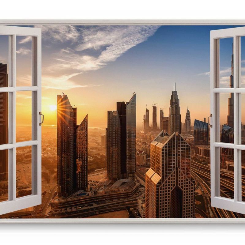 Wandbild 120x80cm Fensterbild Dubai Sonnenuntergang Abendrot Hochhäuser