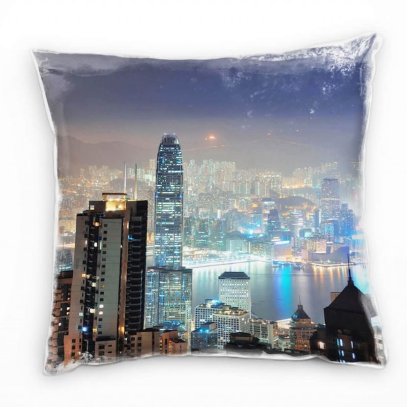 City, blau, orange, Hochhäuser, Hongkong, Nacht, Lichter Deko Kissen 40x40cm für Couch Sofa Lounge Z