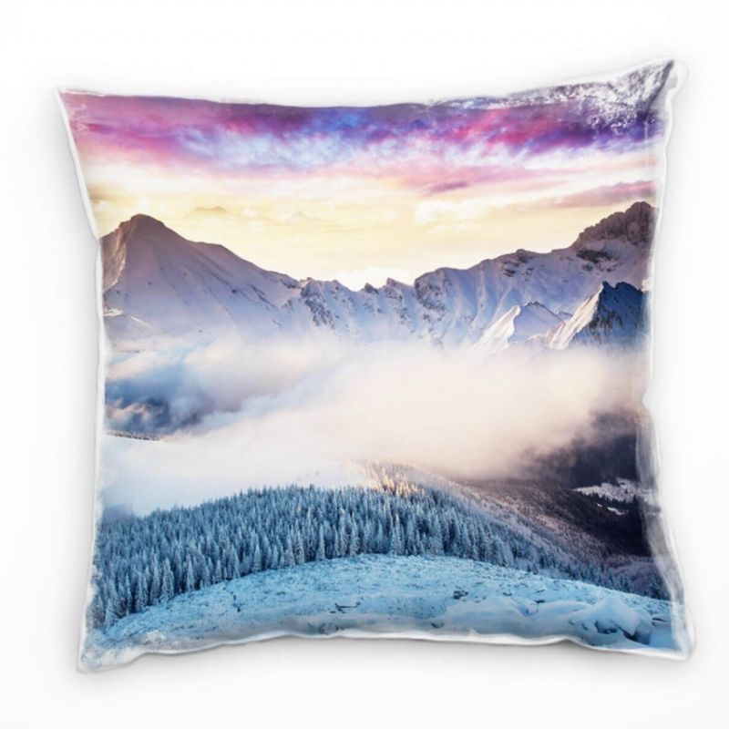 Winter, weiß, lila, blau, Wald, Berge, Schnee Deko Kissen 40x40cm für Couch Sofa Lounge Zierkissen