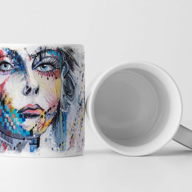 Tasse Geschenk Bild – Farbenfrohes Mädchen mit Blumen und Schmetterling