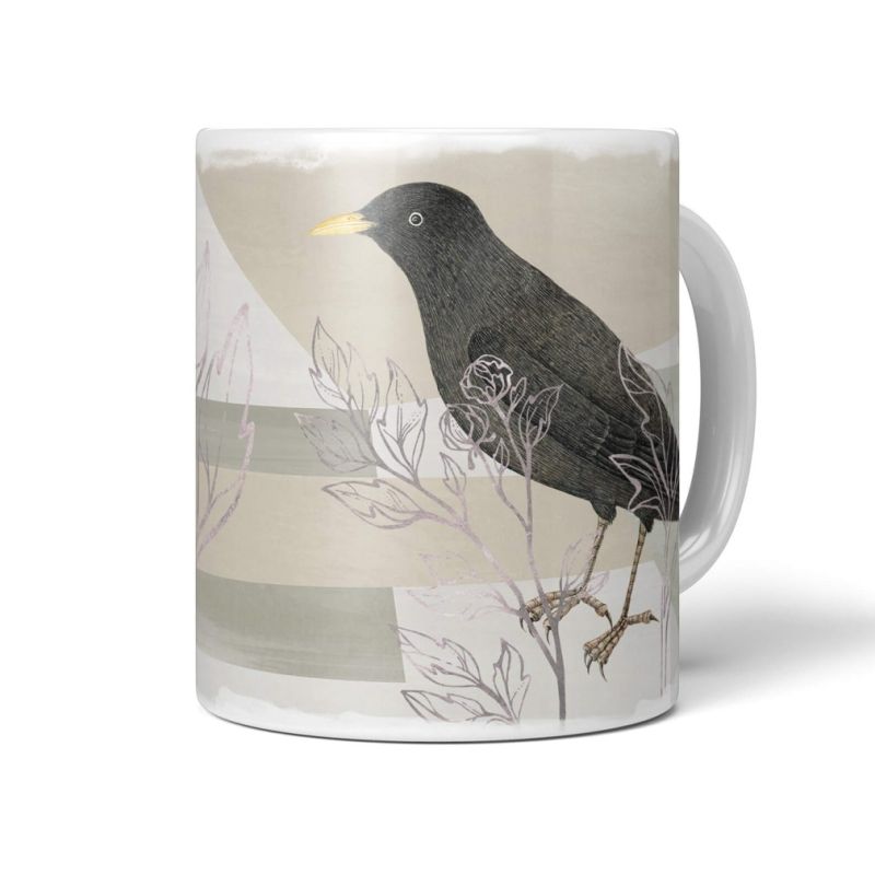 Dekorative Tasse mit schönem Vogel Motiv Amsel schönem Design Pastelltöne Vintage