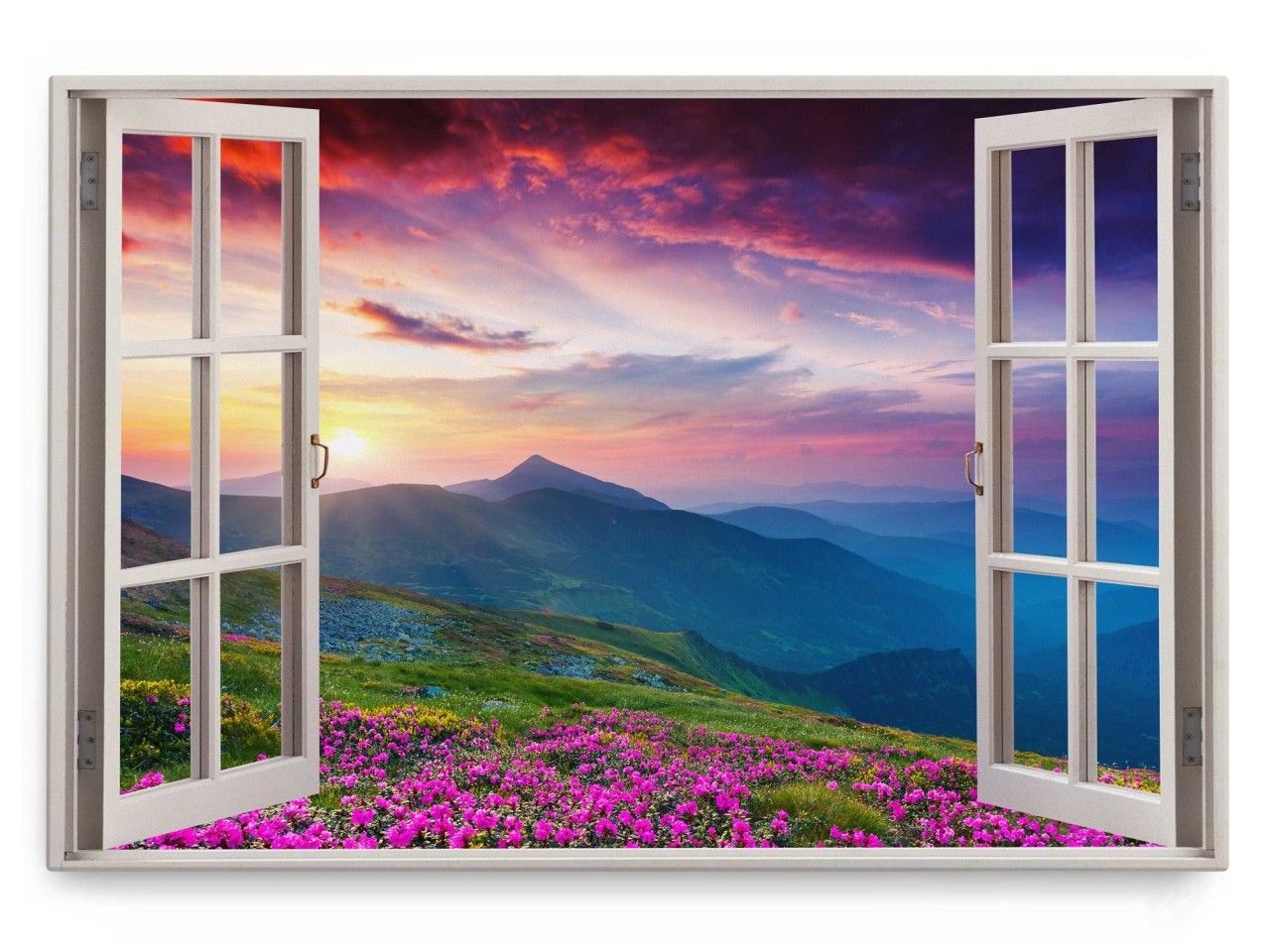 Wandbild 120x80cm Fensterbild Abendrot Berge Blau Blumen Wiesen Sonnenuntergang