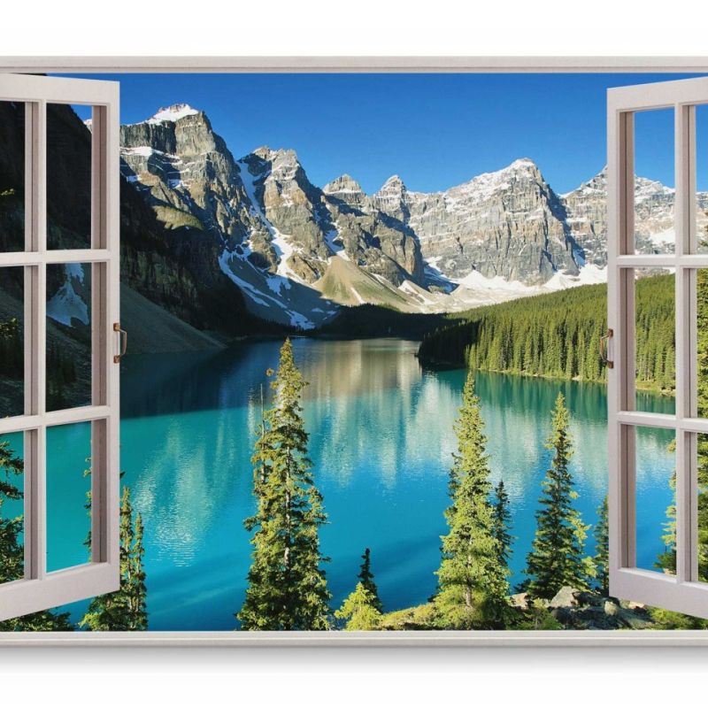 Wandbild 120x80cm Fensterbild See Bergsee Berge Tannenwald Sommer Sonnenschein