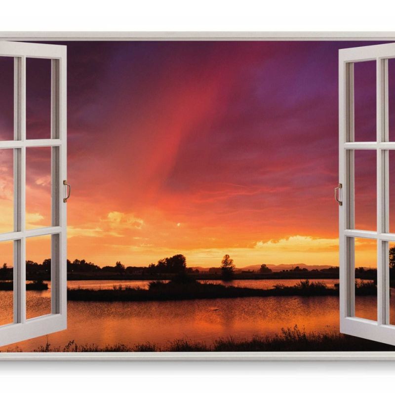 Wandbild 120x80cm Fensterbild Roter Horizont Sonnenuntergang Abendrot Natur See