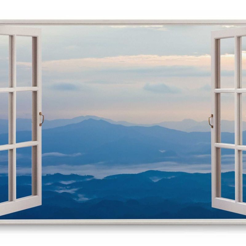 Wandbild 120x80cm Fensterbild Blaue Berge Gebirge Sonnenuntergang Nebel