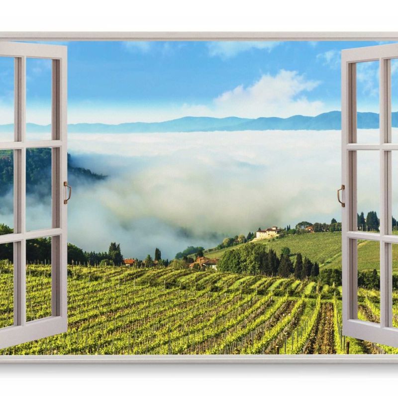 Wandbild 120x80cm Fensterbild Weinanbau Landschaft Natur Nebel Berge