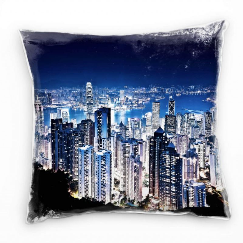 City, schwarz, blau, Hongkong, Nacht, Hochhäuser Deko Kissen 40x40cm für Couch Sofa Lounge Zierkisse