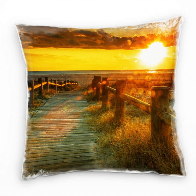 Strand und Meer, orange, blau, Sonnenuntergang Deko Kissen 40x40cm für Couch Sofa Lounge Zierkissen