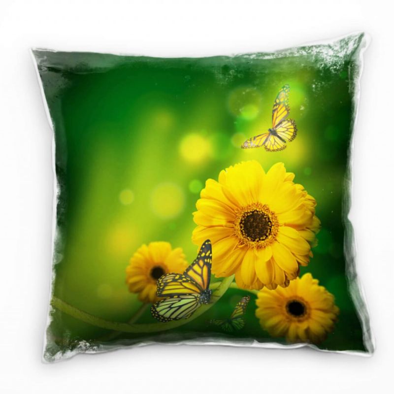 Blumen, gelb, grün, Gerbera mit Schmetterling Deko Kissen 40x40cm für Couch Sofa Lounge Zierkissen