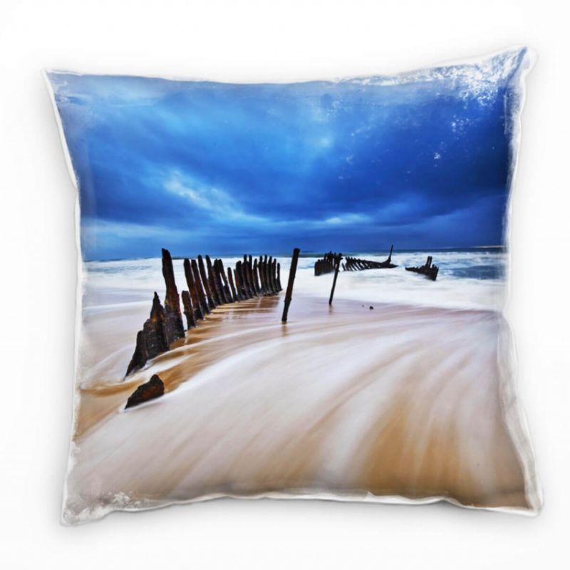 Strand und Meer, braun, blau, dunkler Himmel, Wellen Deko Kissen 40x40cm für Couch Sofa Lounge Zierk