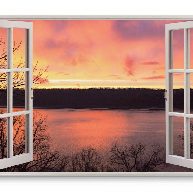 Wandbild 120x80cm Fensterbild Sonnenuntergang Abendrot See Natur Rot